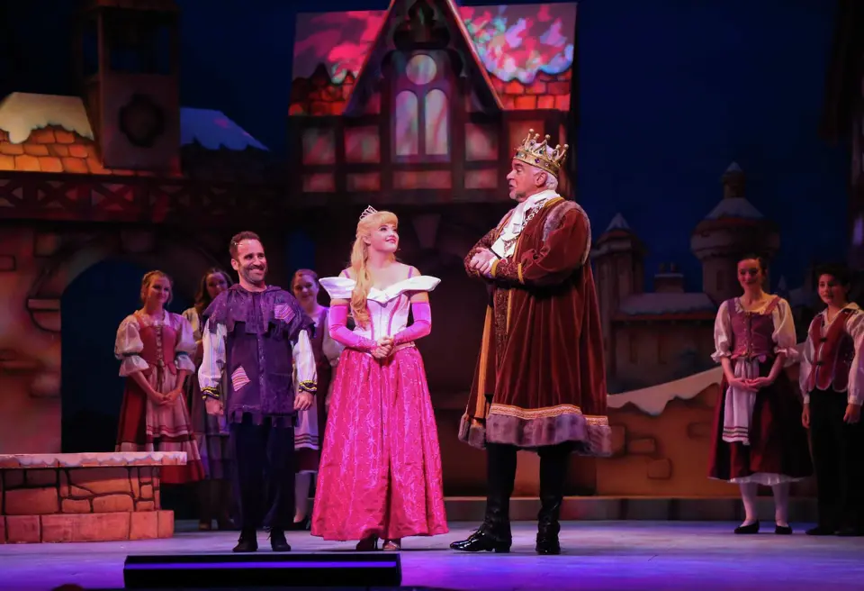 Ben Giroux as Silly Billy, Lauren Taylor as Princess Aurora, and John O'Hurley as King of Houston in the TUTS 2017 production of "Sleeping Beauty and Her Winter Knight." Photo by Melissa Taylor.